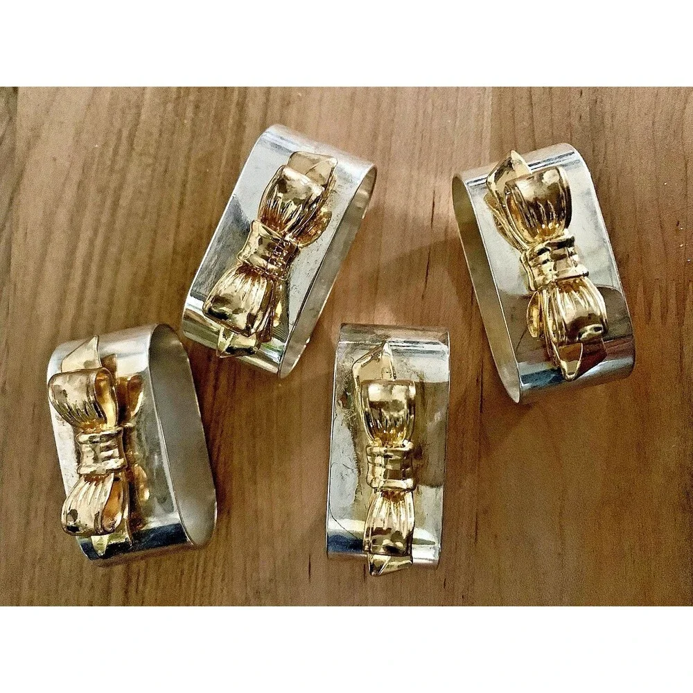 Vintage Regal Quality Silver Plated Napkin Rings Gold Bow Set of 4 Hong Kong